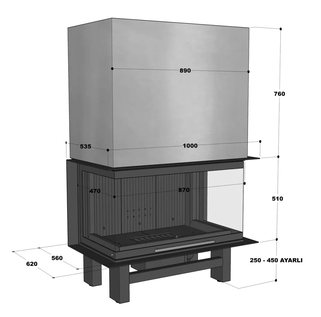 Ugradbeni kamin na drva hursan h pro 95 trostrani